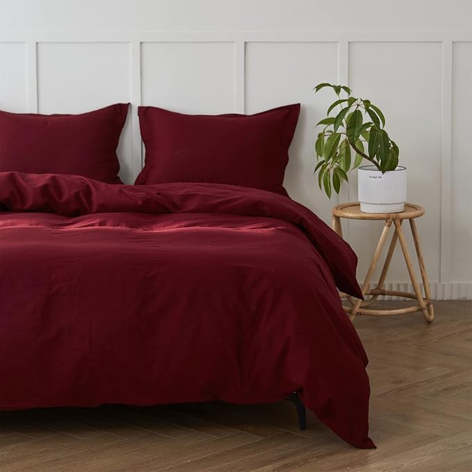 Simple&Opulence French Linen Duvet Cover Set 78" x 86"- 3 Pieces (1 Comforter Cover,2 Pillowcases)- Natural Flax Cotton Blend-Solid Color Breathable Farmhouse Bedding-Burgundy, Full
