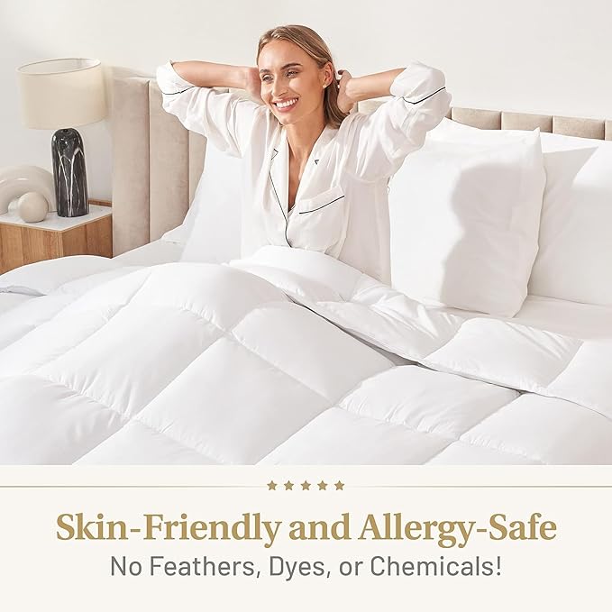 Lavish Comforts® Down Alternative Oversized Queen Comforter - Extra Fluffy Duvet Insert, Hotel Queen, Puffy Thick All Season Premium Cooling Comforter - White 102x86