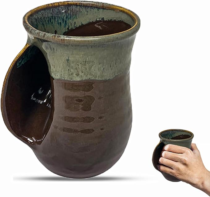 Clay in Motion Hand Warmer Coffee Mug – Handmade Coffee Mug With Comfortable Handle Contoured Pocket Hand Warming Ceramic Coffee Mug – Proudly Made in USA – Left Handed – 14 Oz - Mocha