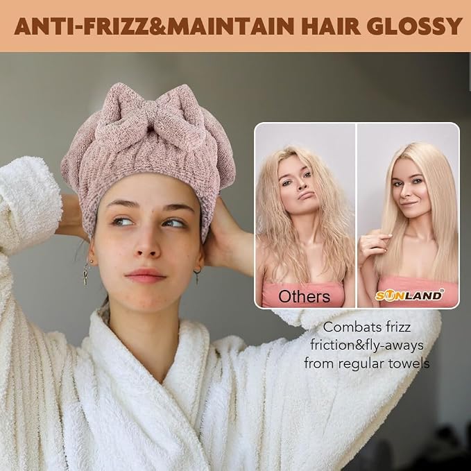 SUNLAND Large Microfiber Hair Drying Caps with Bow knot Fast Drying Shower Cap Soft and Absorbent hairWrap Hair Turban Bath Caps for Curly Thick and wet Hair 11 X 13.4 inch 2 Pack Brown