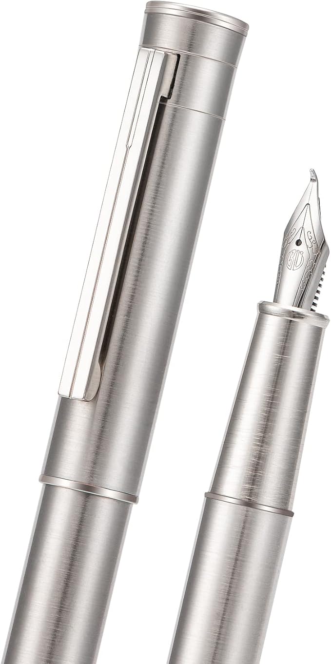 HONG DIAN Forest Pro Silver Stainless Steel Fountain Pen, Bent Nib for Fude Calligraphy Writing (Fine to Broad) with Converter and Metal Pen Box Set