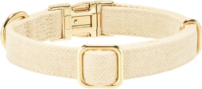 Luxury Soft Cotton Tweed Fabric Dog Collar & Leash Set with Gold Buckle – Durable Fabric, Stylish Design for Everyday Walks(Medium Cream)