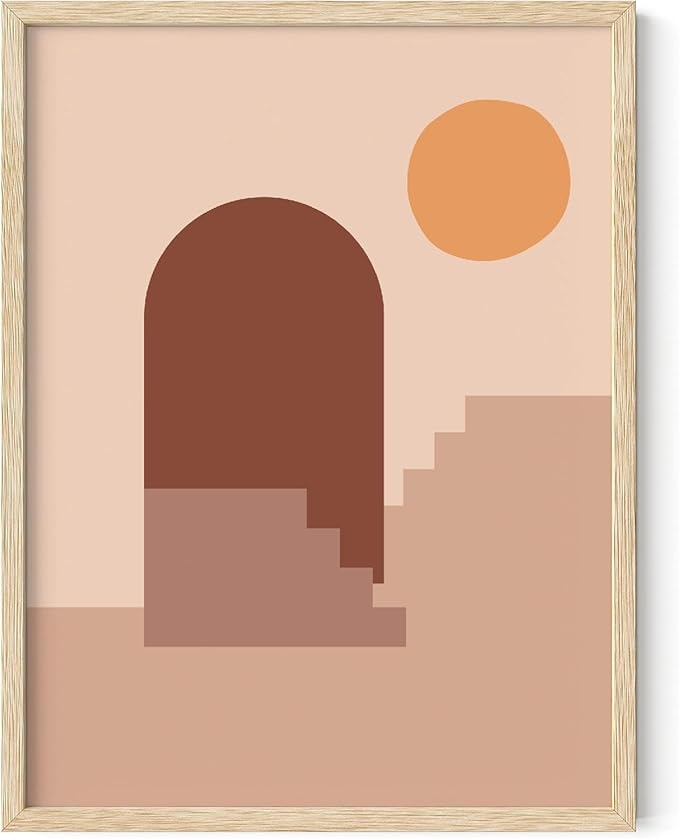 Abstract Architecture Wall Art Archway Stairs Sun Geometric Shapes Earth Tones Terracotta Mid Century Modern 12x16 Inch Oak Wood Beige Framed Minimalist Boho Office Decor