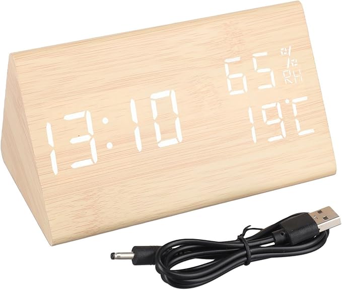 Wooden Digital Alarm Clock with Temperature and Humidity Display, LED Screen Makeup Mirror Function, 12/24 Hour Format for Bedroom Living Room Desk Decor