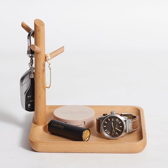 Solid Beech Wood Key Tray and Bowl for Entryway Table - Smooth Polished Branch-Shaped Organizer With Hooks for Keys, Wallet, Jewelry, Glasses (Beech, Square)