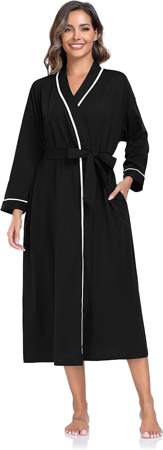 COLORFULLEAF 100% Cotton Women's Robes Summer Lightweight Kimono Soft Long Cotton Bathrobe for Women with Pockets