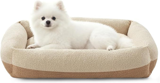 FURTIME Washable Small Dog Bed, Rectangle Comfy Fluffy Kitten Puppy Bed, Removable Zipper Cover Machine Wash, Breathable Orthopedic Bed Durable Pet Cuddler with Anti-Slip Bottom, 20x19x6 in, Beige
