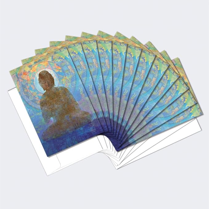 Tree-Free Greetings - All Occasion Cards - Artful Designs - 12 Greeting Cards + White Envelopes - Made in USA - 100% Recycled Paper - 4 x 6 - Blue Buddha (FS56949)