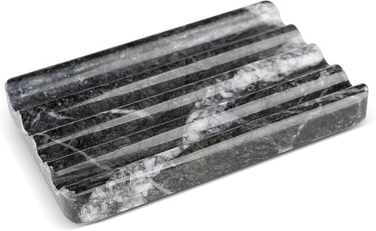 Karibiber Marble Soap Dish, Bar Soap Holder Shower, Black Soaps Bathroom Saver with Water Ripple Design, Easy Cleaning Natural Stone Sponge Holder for Kitchen Sink, Executive Jewelry Ring Tray