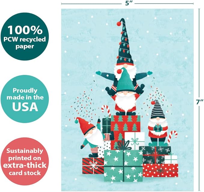 Tree-Free Greetings - Happy Holidays Greeting Cards - Artful Designs - 12 Cards + Matching Envelopes - Made in USA - 100% Recycled Paper - 5"x7" - Gnomes Piled High (HP60617)