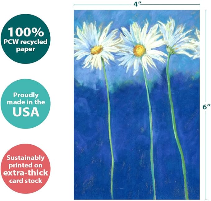 Tree-Free Greetings Daisies on Blue All Occasion Cards - 12 Recycled 4x6 Cards & White Envelopes, Thick Cardstock, Sustainably Made in USA - Nostalgic Summer Flowers