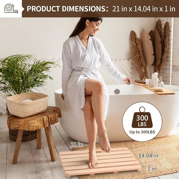 Wooden Bath Mat Non-Slip Hinoki Cypress Wood Shower Mat Waterproof Luxury Spa Bathtub Mat for Indoor or Outdoor Use, 21 x 14 x 1 Inches