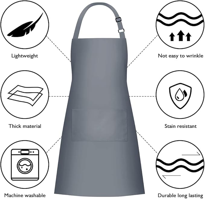 Jubatus 2 Pack 100% Cotton Aprons with 2 Pockets Cooking Chef Kitchen Adjustable Bib Apron for Women Men, Gray