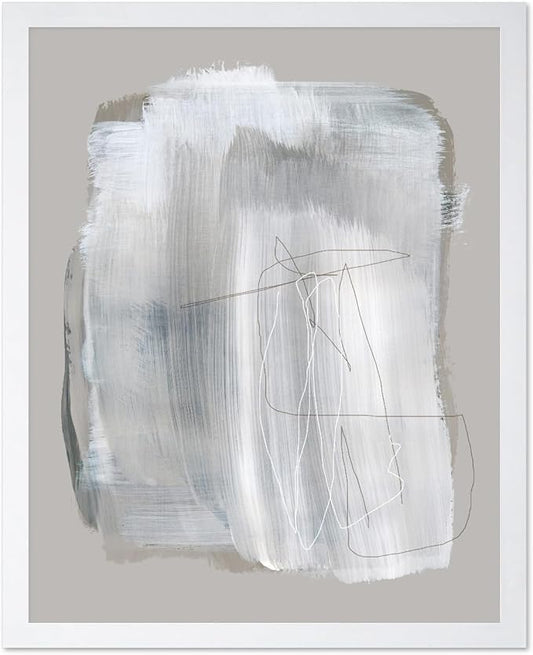 Monem Art Abstract Minimal Brushstroke Print - Scandinavian Neutral Line Art Poster - Wall Decor for Living Room, Bedroom or Office - 8x10 White Framed Wall Art by Mareike Bohmer