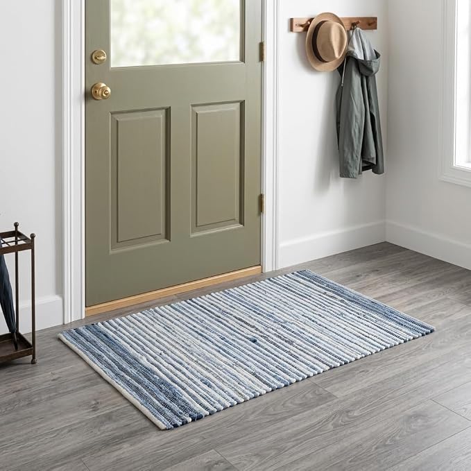 HOMEMONDE Denim Rag Rug 20"x32" Blue Recycled Soft Cotton Chindi Hand Crafted Reversible Boho Rugs for Entyrway, Doormat, Kitchen, Bedroom, Living Room