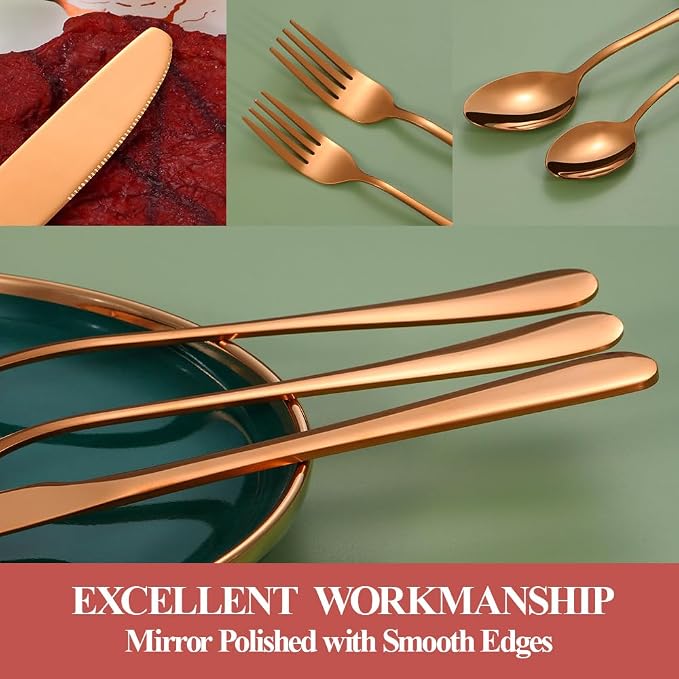 30 Pcs Rose Gold Silverware Set for 6, Food Grade Stainless Steel Flatware Set, Eating Utensils Sets Include Fork/Knife/Spoon, Reusable Cutlery Set for Home Kitchen, Dishwasher Safe, Round Edge
