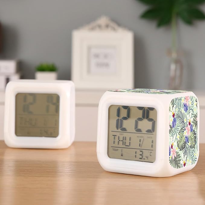 Digital Alarm Clock,Orchid Flower with Tropical Palm Leaf 7 Color Change LED Digital Alarm Clock with Date Thermometer for Toddlers,Girls and Boys