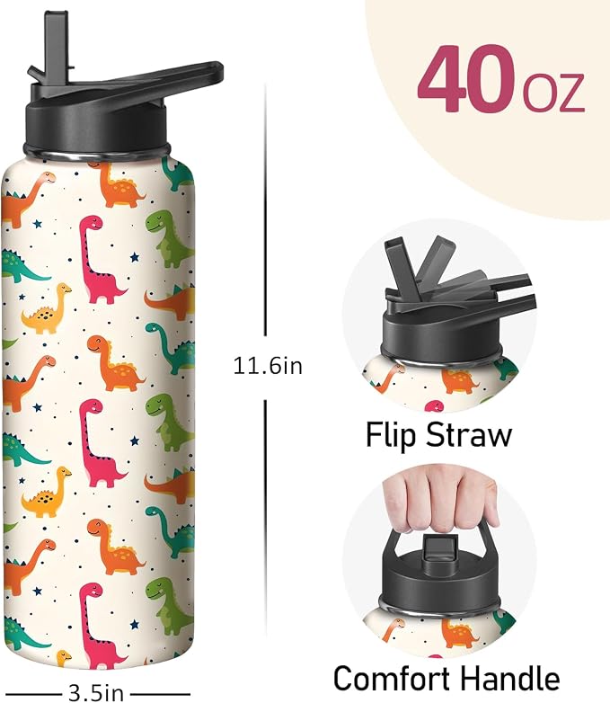 40oz Cute Dinosaur Water Bottle with Handle and Flip Straw, Animal Sports Stainless Steel Insulated Cup Travel Coffee Mug Tumbler, Birthday Mothers Day Chritmas Gifts for Women