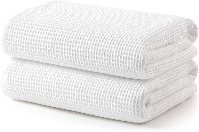 ecolook Waffle Bath Towel Set of 2, 100% Cotton Lightweight & Quick-Dry Bath Towels, Ultra-Absorbent and Breathable, Lint-Free Hotel & Spa Towels for the Bathroom, Gym, and Travel - White