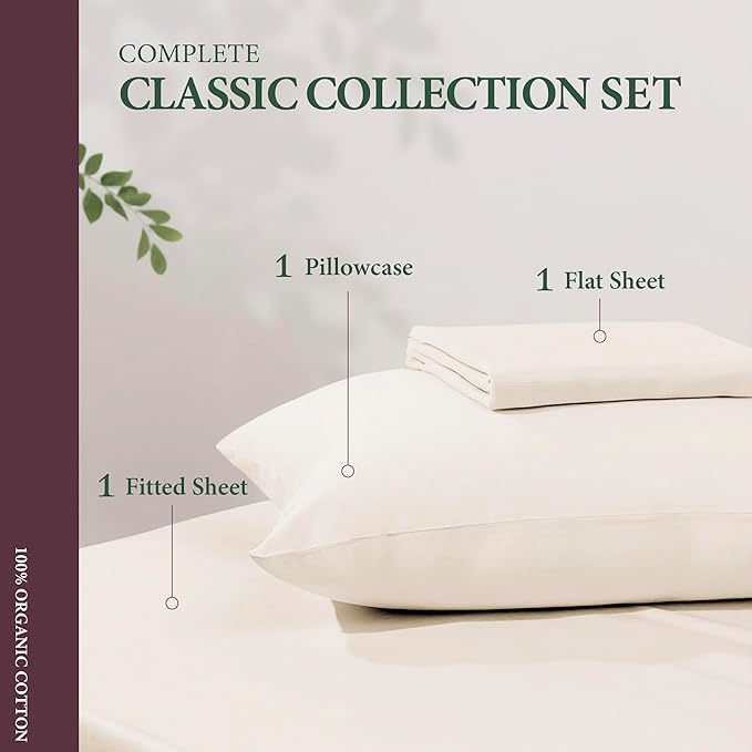 100% Organic Cotton Sheets Twin Size - Organic Cotton Twin Size Percale Weave Sheet Set (3 PC, Ivory), Soft, Cooling, Crisp & Breathable, 16" Deep Pocket Hotel Quality Bedding Set