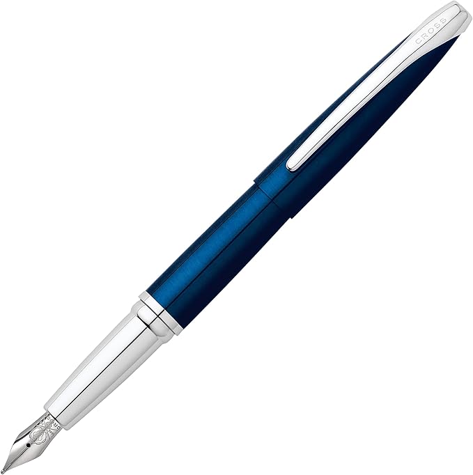 Cross ATX Translucent Blue Lacquer Stainless Steel Fine Nib Fountain Pen - Refillable Pen for Smooth Writing - Black Ink - Comfortable Grip - Long-Lasting - Professional Office Supplies