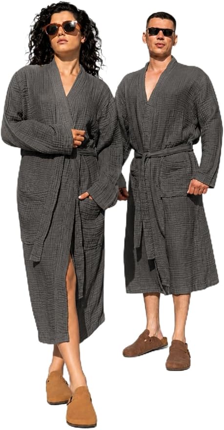 Muslin Unisex Bathrobe Women & Men, 100% Cotton Kimono Lightweight Robe | Long Robes Soft, Absorbent, Spa robes