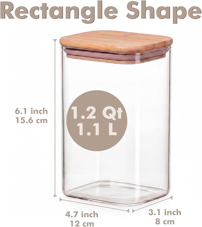 6-Pack 1.2Qt Rectangle Glass Storage Jars with Bamboo Lids | Minimalist Kitchen Organizer,Pantry Storage Container,Food Storage Container,Scandinavian Style Storage,Nordic Style Storage