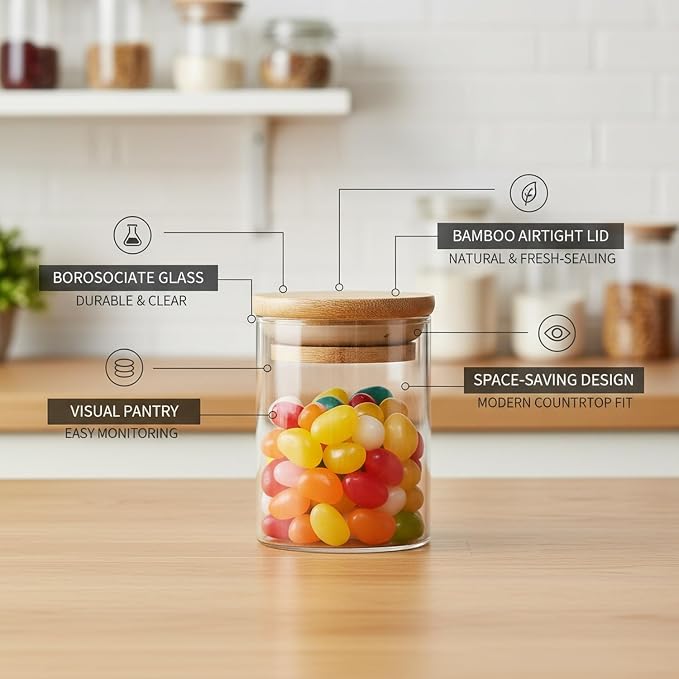 Borosilicate Glass Storage Jar with Bamboo Lid, Airtight Dry Food Canister for Kitchen Pantry & Countertop Organization