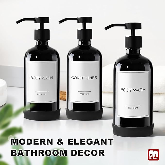 GMISUN Plastic Shampoo and Conditioner Dispenser with Silicone Sleeves, 21 oz Black Shower Soap Dispenser Bottles with Labels, Refillable Shampoo Conditioner Body Wash Dispensers Set of 3