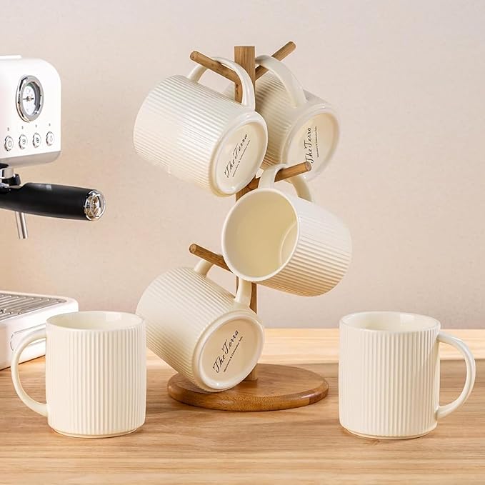 theterra Ceramic Coffee Mugs Set of 4, 14.2oz Handmade Coffee Cups with Handle for Latte, Tea, Milk, Beer, Hot Cocoa, Beige