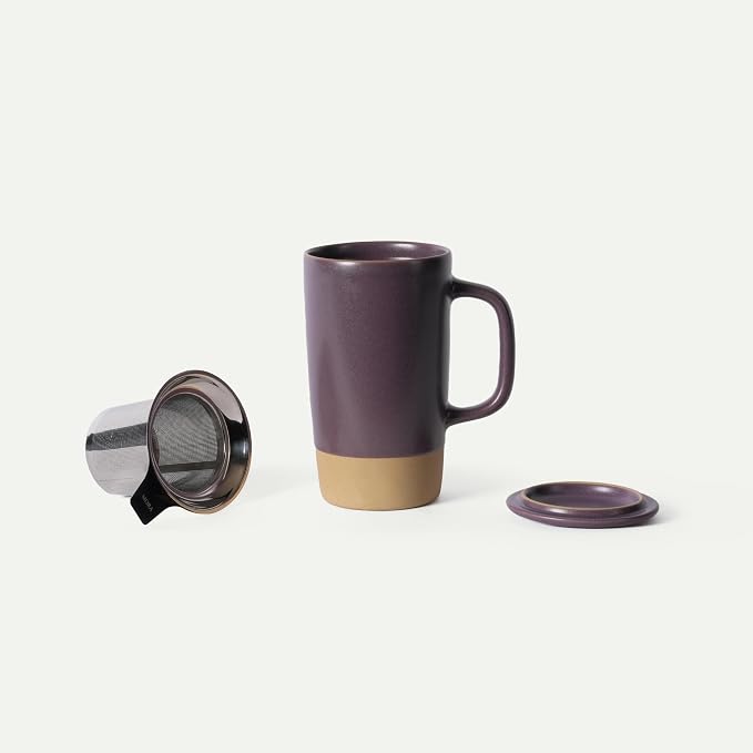 MORA Ceramics Large Tea Mug with Loose Leaf Infuser and Ceramic Lid, 18 oz, Portable, Microwave, Dishwasher Safe, Tall Coffee Cup - Rustic Matte Ceramic Glaze, Modern Herbal Tea Strainer, Nebula