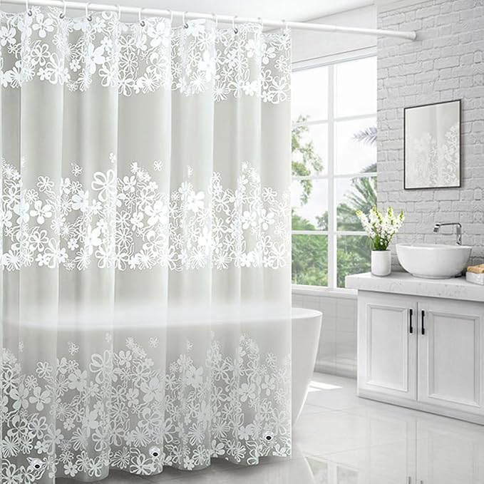 Plastic Shower Liner - Premium PEVA 4G Shower Curtain Liner with Rustproof Grommets and 3 Weighted Magnets, Waterproof Shower Curtains for Bathroom (White Flower)