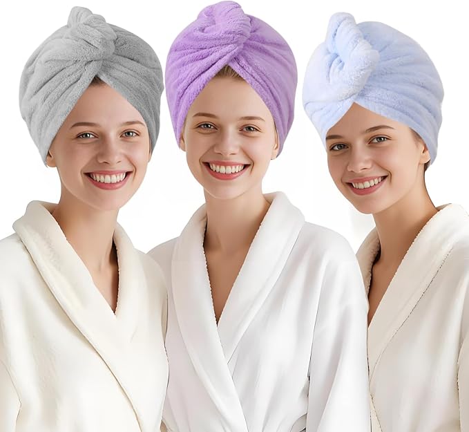 3 Packs Single Layer Microfiber Hair Drying Towel Wrap for Women, Hair Turbans Towel for Wet Hair,turbie Twist Hair Towels（Gray Color + Purple Color + Light Blue Color