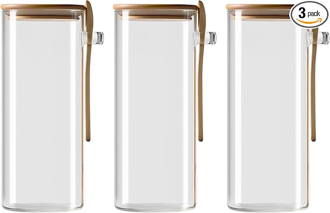 Airtight Glass Food Containers with Lids and Spoon Set of 3(1200ml/40.58Oz) - Clear Glass Pasta Storage Containers - Stackable Glass Containers with Bamboo Lids for Coffee,Tea,Sugar,Cereal,Flour