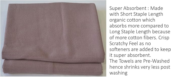 WAFFLE BATH TOWEL PACK OF 2, 30.5x58 INCHES, 100% ORGANIC COTTON, GOTS CERTIFIED (MAUVE) SUPER ABSORBANT & QUICK DRY, NO SOFTENERS, ENVIRONMENT FRIENDLY