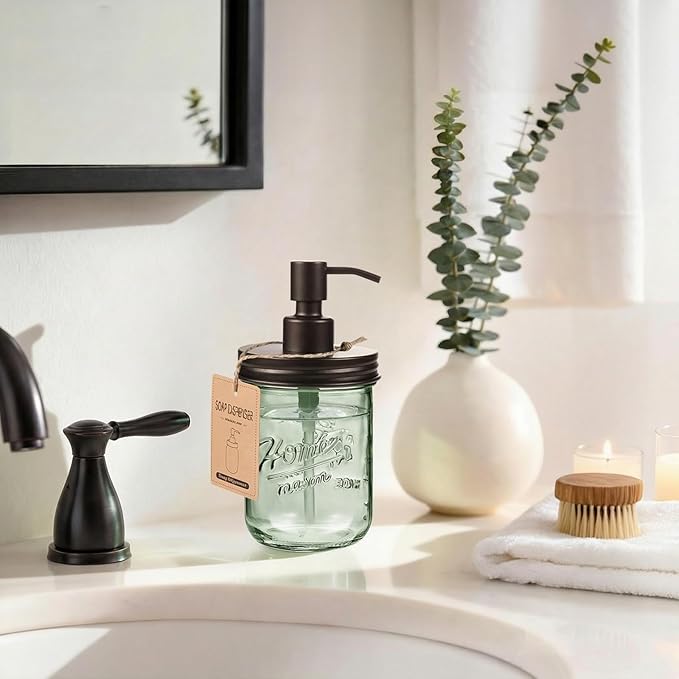 SheeChung 16Oz Mason Jar Green Glass Soap Dispenser, Stainless Steel Pump, Refillable Dish soap Dispenser for Kitchen, Bathroom Hand Soap Dispenser for Lotion, Liquid, Farmhouse Decor (Bronze, 2 Pack)