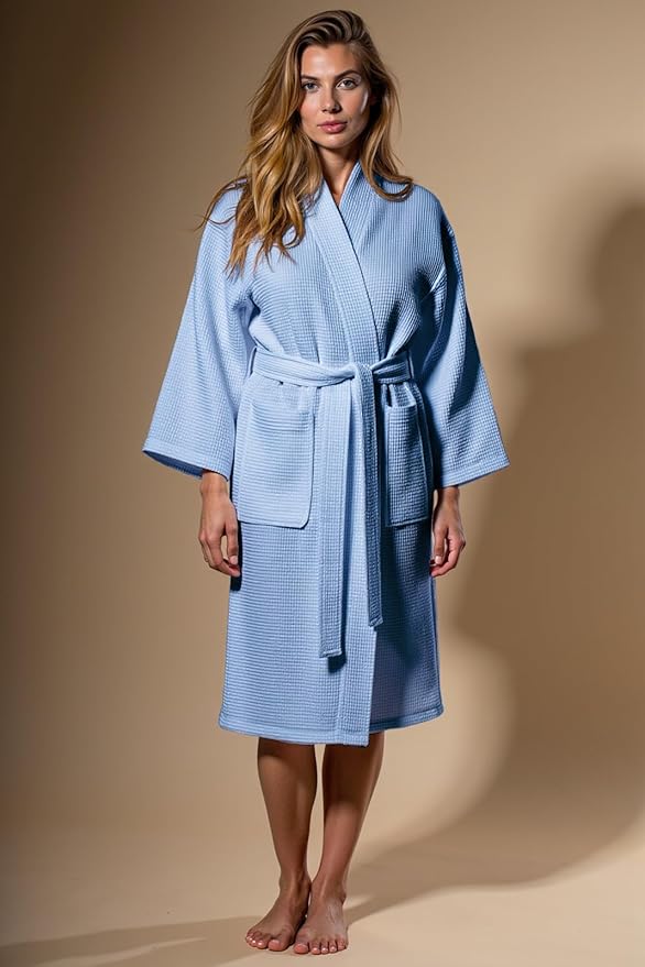 Turquaz Lightweight Waffle Knit Kimono Bathrobe - Soft Cotton Blend Spa Robe, Fast-Drying Full-Length Unisex Robes for Women