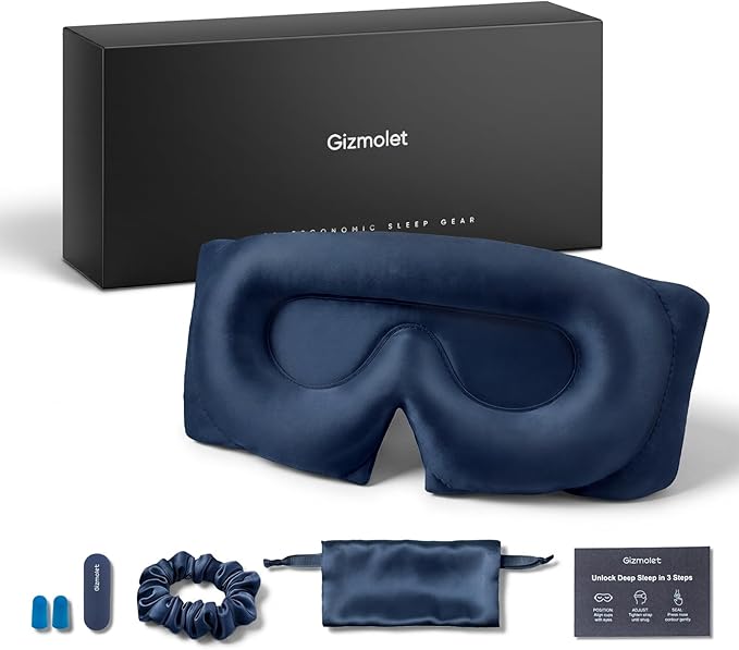 22 Momme Pure Mulberry Silk Sleep Mask, 3D Contoured Cup Eye Mask for Sleeping, Super Soft Breathable Blindfold with Adjustable Strap, Perfect Blocks Light for All Night Sleep, Blue