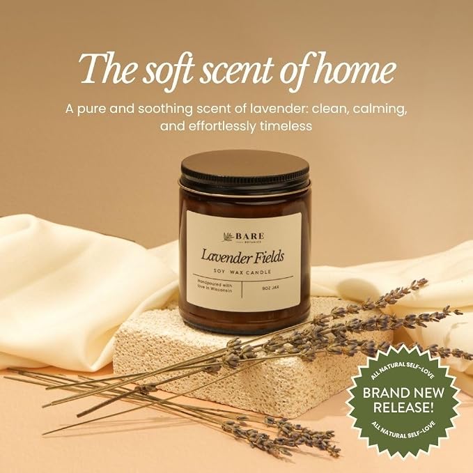 Bare Botanics 9oz Non Toxic Soy Candle Lavender Fields - 40+ Hour Burn | 100% Plant-Based Fragrance Oils | Handpoured in Wisconsin | Clean-Burning Soy Wax