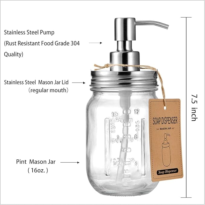 Amolliar Mason Jar Liquid Soap Dispenser, Stainless Steel Mason Jar Lid & Pump, Refillable Hand Soap Dispenser, Lotions, Dish Soap Bottle for Kitchen Bathroom, Bathroom Decor, Brushed Nickel 2 Pack
