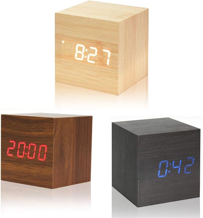 Wooden Alarm Clock - Mini Cube LED Digital Clock with Time/Date/Temperature Display, 3 Levels Brightness and Voice Control Great for Home Office Travel - AC10Yellow_White