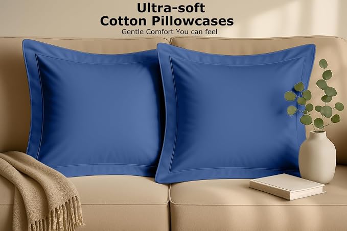 2 Pack Euro Pillow Shams 24x24 – 600 Thread Count 100% Organic Cotton Medium Blue Square Pillow Covers with 2 Inch Flange, Soft & Smooth Premium Hotel-Quality Pillowcases Set of 2