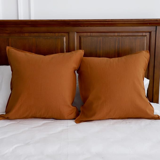 Simple&Opulence Linen Euro Shams Basic Style Solid Color 24x24 Inch Pack of 2 Flax Cotton Blend Decor Throw Pillow Covers Soft Breathable Farmhouse Pillow Shams - Rust