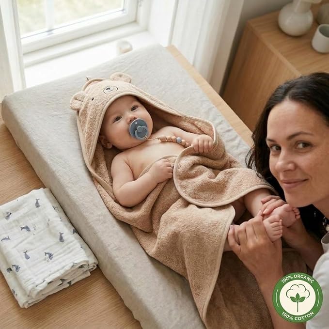 Hooded Baby Towel – 100% Organic Cotton Baby Bath Towels – Baby Boy and Girl Newborn Essentials - Super-Soft and Absorbent. (Bear - Natural)