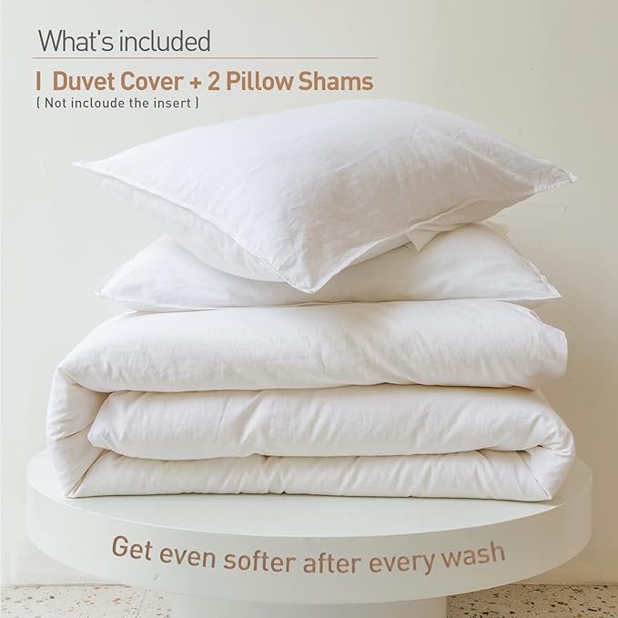 BISELINA French Linen Duvet Cover Set 2pcs with Hidden Zipper Closure Natural Flax Cotton Blend Solid Color Soft Breathable Luxury Farmhouse Bedding - Twin Size, White