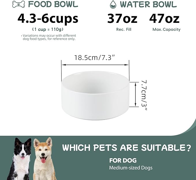 Havniva 7.3” Ceramic Dog Bowls, Dog Food and Water Bowl for Medium Dogs, Durable Dog Water Bowl with Non-Slip Rubber Base Large Capacity Pet Feeding Bowl