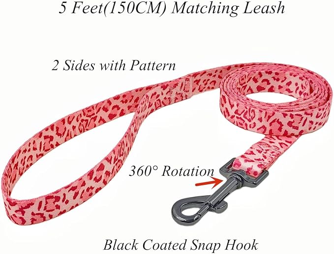 Dog Collar Leash Set, Leopard Pattern, Polyester Material, Adjustable Collar and 5ft Matching Leash, for Puppy Dogs.(XS, Pink Leopard)