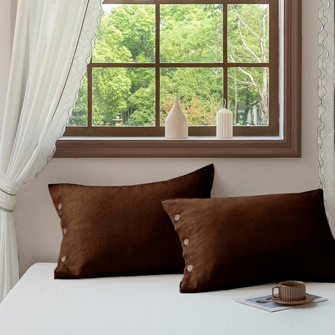 EVERLY 100% Linen Pillowcases Set of 2, French Linen from Normandy, 20X30Inch Standard Size, Natural Color, Coconut Buttons Closure, Flax Pillowshams-Pillowcase-Chocolate