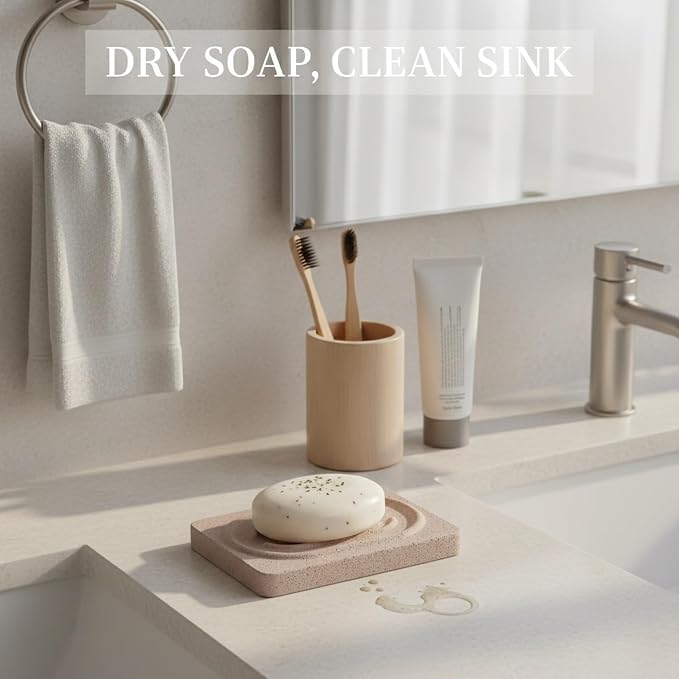 Diatomaceous Earth Soap Dish, Stone Bar Soap Holder for Bathroom Sink & Counter, 4.7 x 3.1 Inch Tray