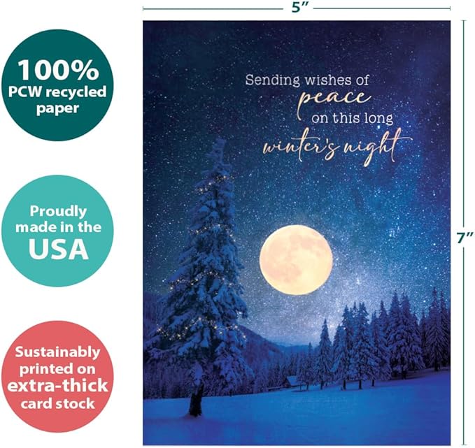 Tree-Free Greetings - Winter Solstice Greeting Cards - Artful Designs - 1 Card + Matching Envelopes - Made in USA - 100% Recycled Paper - 5"x7" - Peace In Winters Night (GO64246)